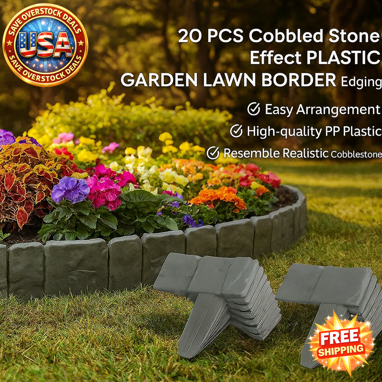 20 PCS Cobbled Stone Effect Plastic Garden Lawn Border Edging