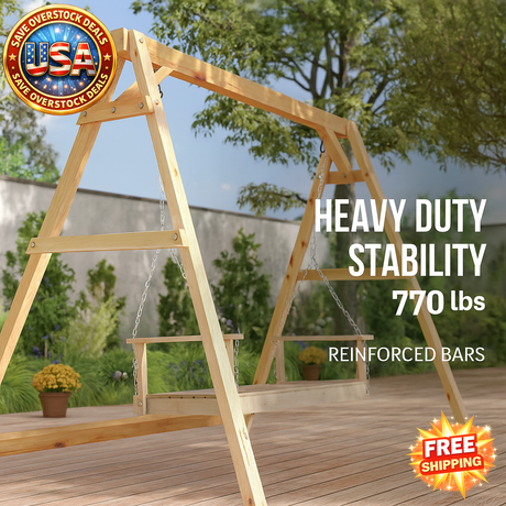 Wooden swing set with 'USA' logo and text about stability and free shipping on a wooden deck.