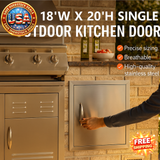 Outdoor kitchen door with stove and brick wall background, featuring text about dimensions and features.