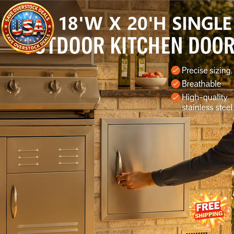 Outdoor kitchen door with stove and brick wall background, featuring text about dimensions and features.