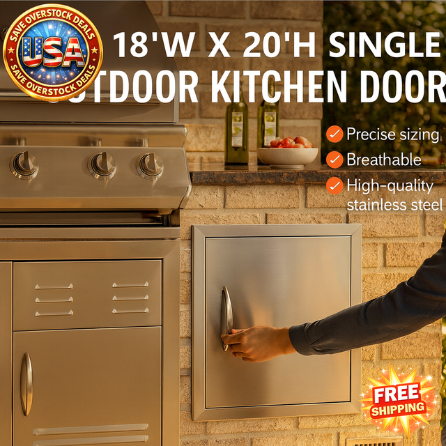 Outdoor kitchen door with stove and brick wall background, featuring text about dimensions and features.