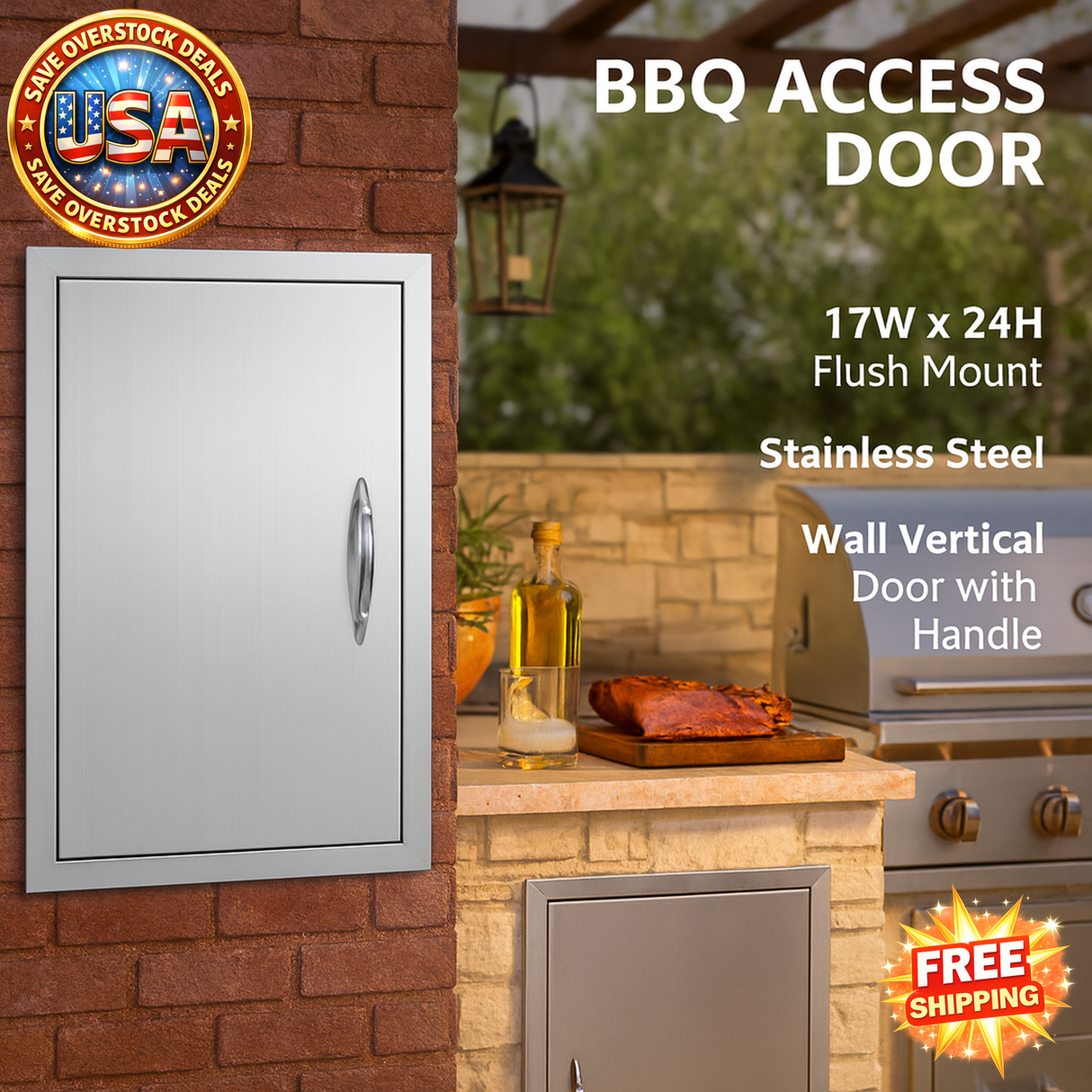 Stainless steel BBQ access door mounted on a brick wall with outdoor setting.