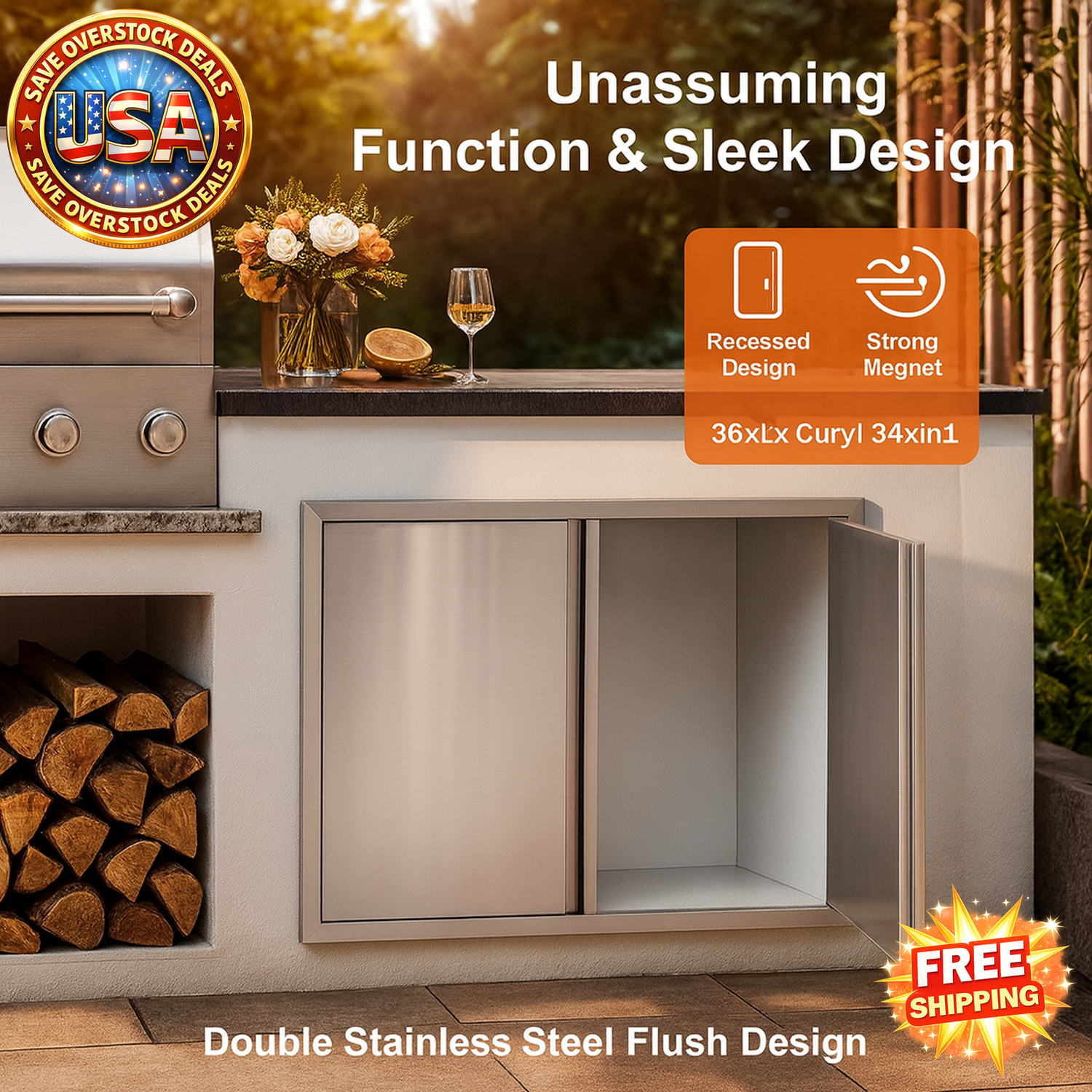 Outdoor kitchen setup with a stainless steel cabinet and grill, featuring text about product features and free shipping.