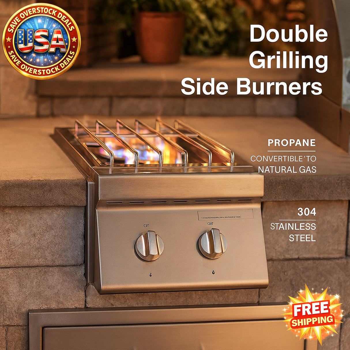 Outdoor grill with double grilling side burners on a stone wall background, featuring USA Overstock Deals logo.