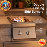 Outdoor grill with double grilling side burners on a stone wall background, featuring USA Overstock Deals logo.