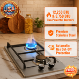 Gas stove with features highlighted on a kitchen counter