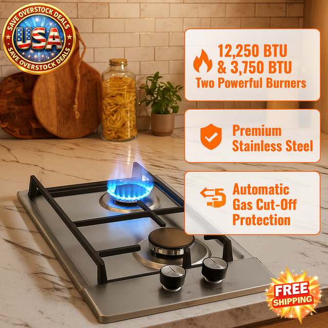 Gas stove with features highlighted on a kitchen counter
