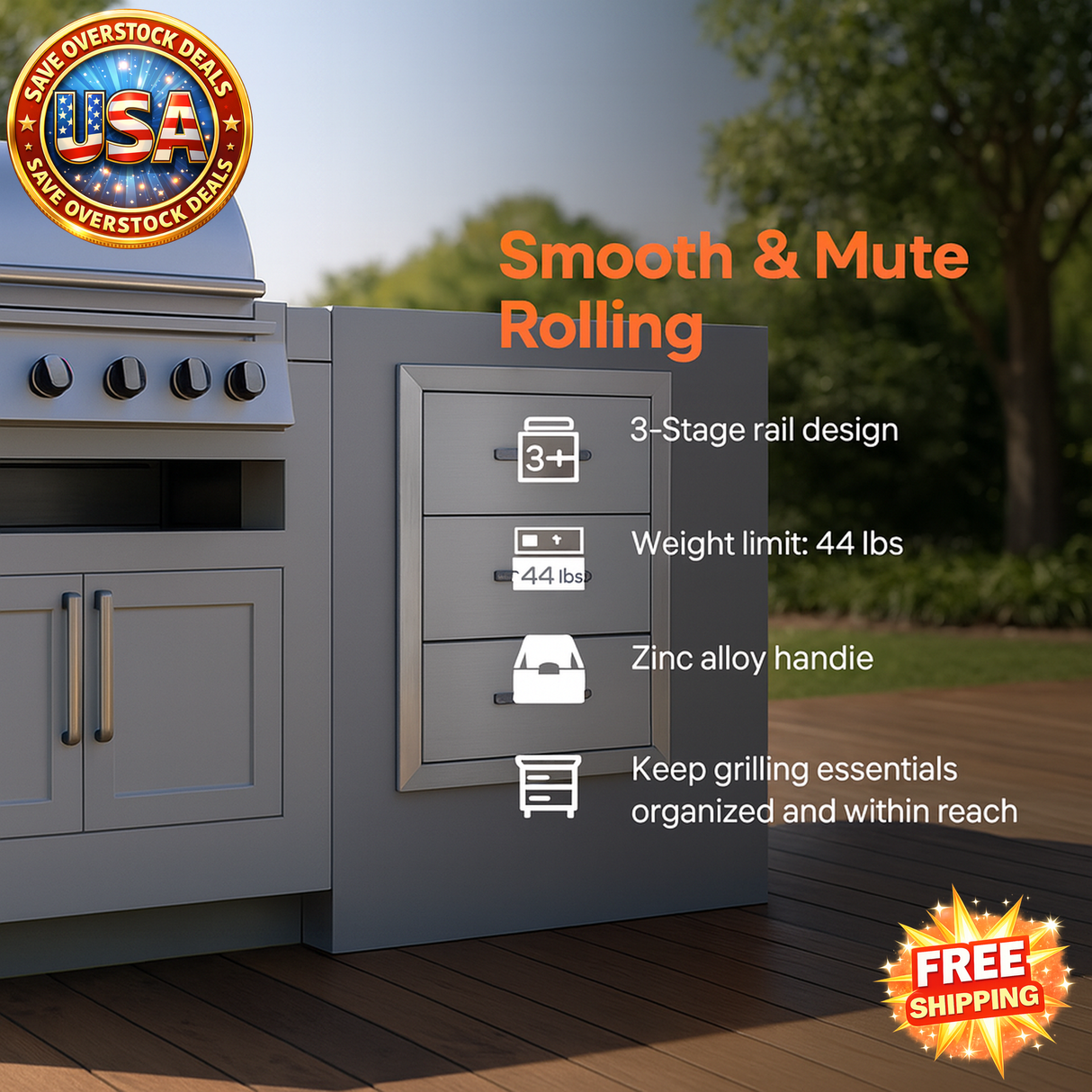 Outdoor kitchen cabinet with drawers and rolling cart, featuring text on smooth and mute rolling features.