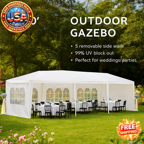 Outdoor gazebo with tables and chairs on a grassy area with trees in the background, featuring promotional text and logos.