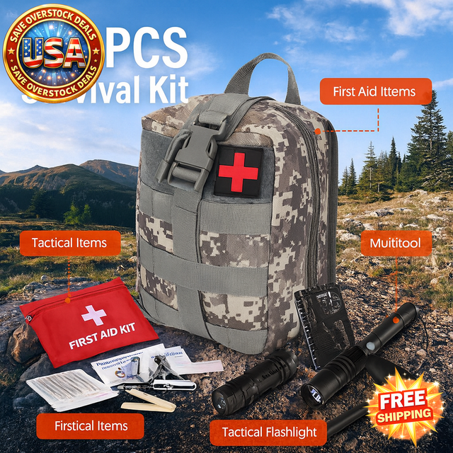 Camouflage survival kit with first aid items, tactical flashlight, and other tools on a natural background.