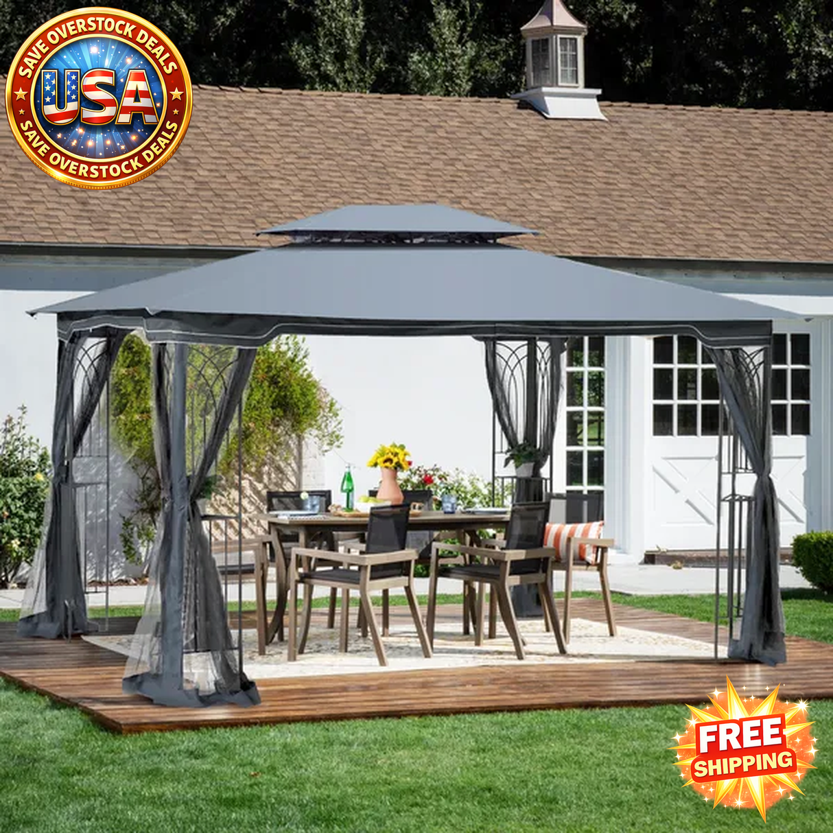 Outdoor gazebo with curtains on a patio area in front of a house, with 'USA Overstock Deals' and 'Free Shipping' graphics.