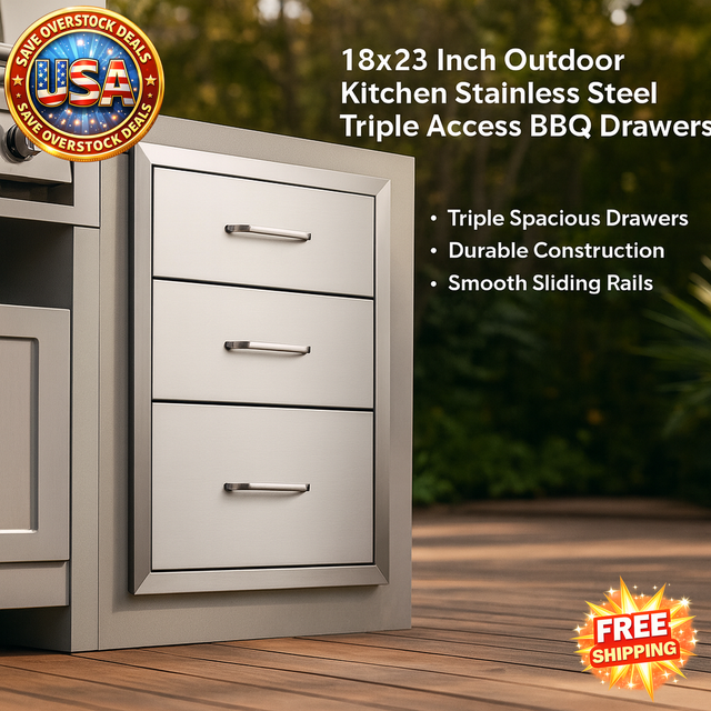 Outdoor kitchen stainless steel triple access BBQ drawers with USA branding and free shipping offer.