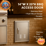 Stainless steel BBQ access door on a brick wall with product details and USA Overstock Deals logo.