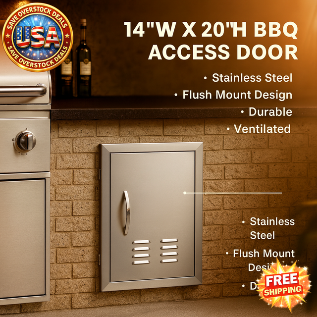 Stainless steel BBQ access door on a brick wall with product details and USA Overstock Deals logo.