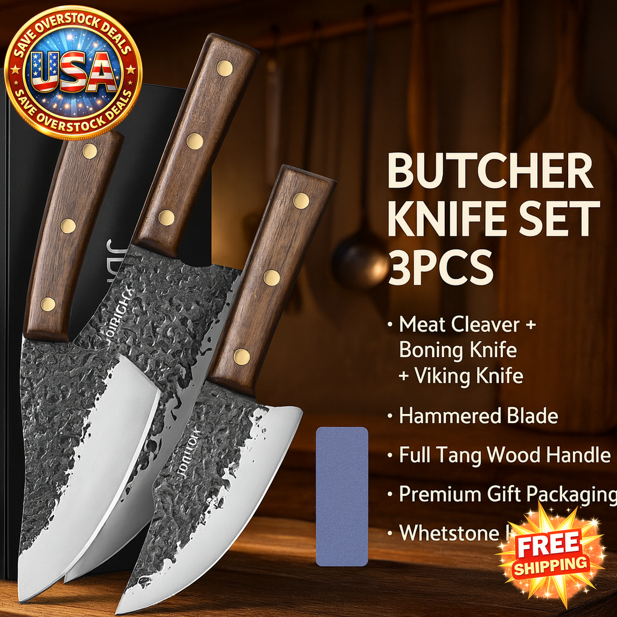 Butcher Knife Set 3PCS - Hand Forged Kitchen Knives