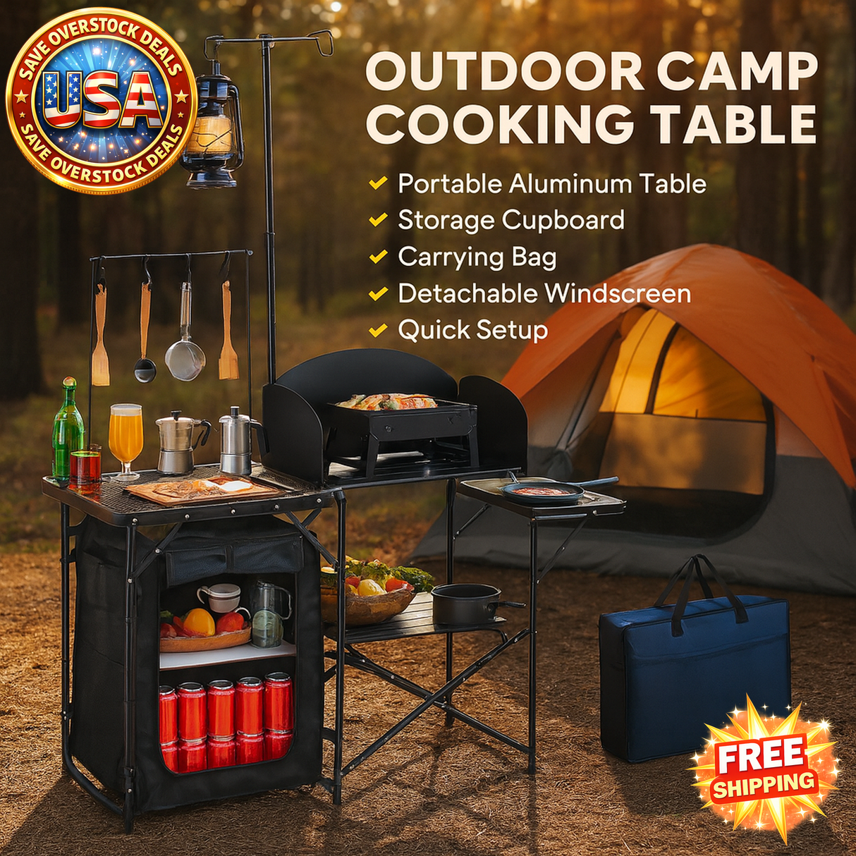 Portable Camping Kitchen Table with Storage and Windscreen
