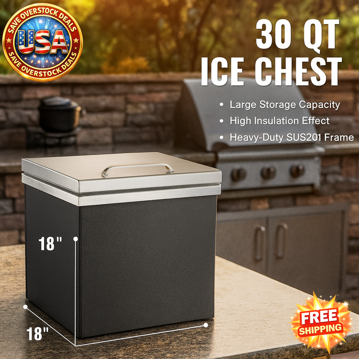 30 QT ice chest with dimensions and features on a patio background
