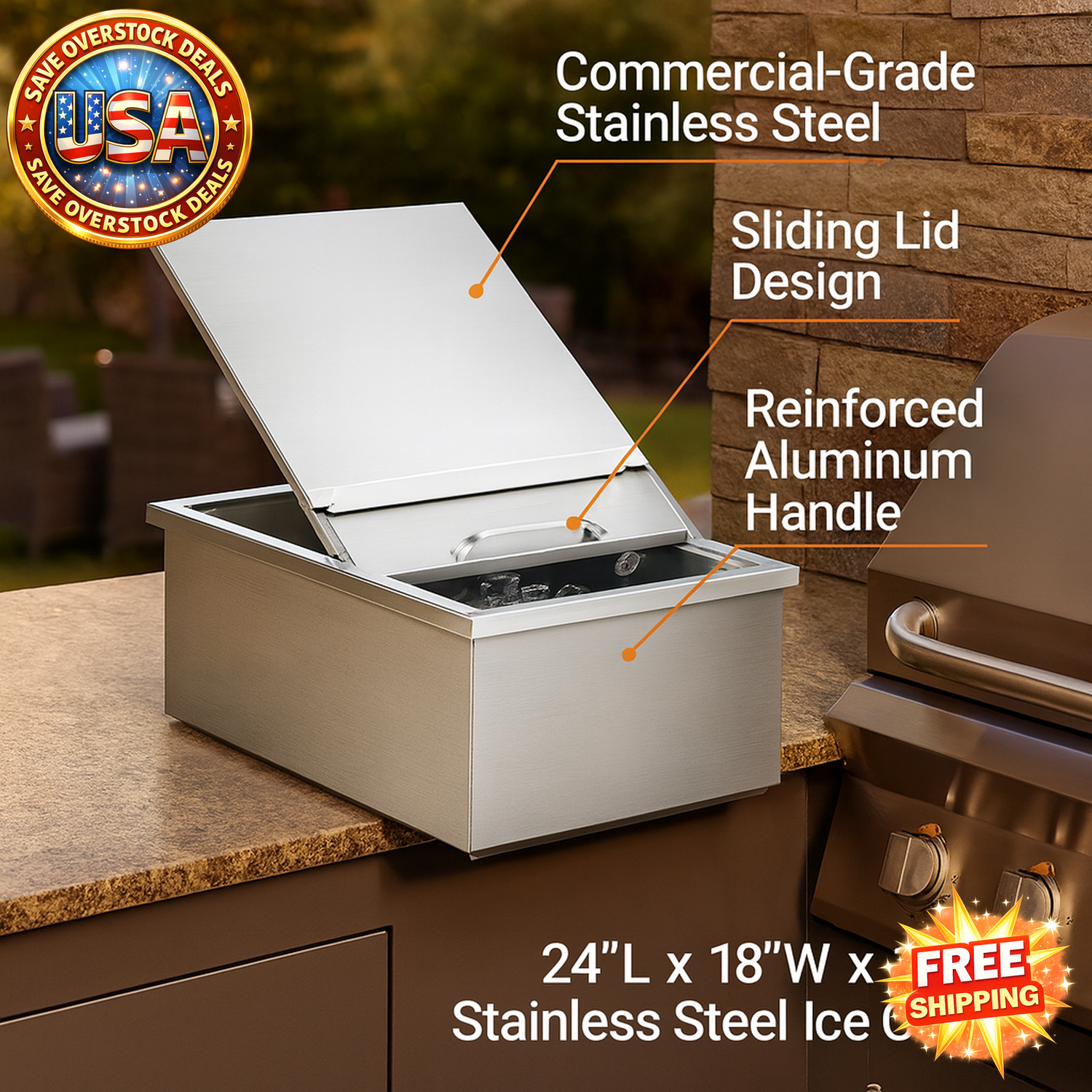Stainless Steel Drop In Ice Chest, 40.9 qt Outdoor Cooler
