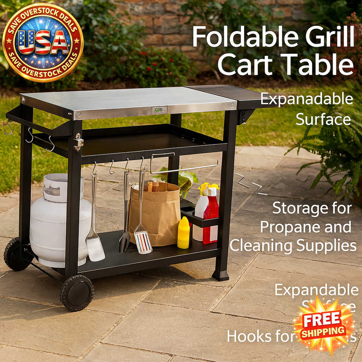 Foldable Grill Cart Table with Wheels for Outdoor Cooking