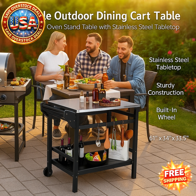 Outdoor dining cart table with stainless steel tabletop on a patio, people sitting around it.
