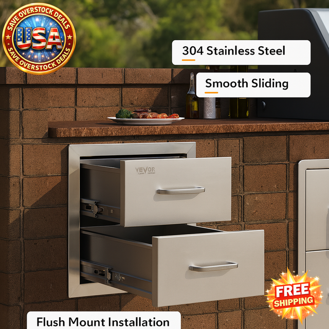 Outdoor kitchen with stainless steel drawers, 'USA Overstock Deals' logo, and 'Free Shipping' graphic.