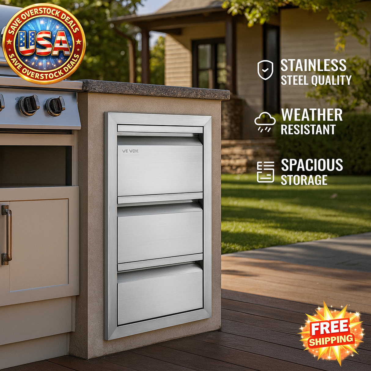 15" Outdoor Kitchen BBQ Drawers with Stainless Steel Handle