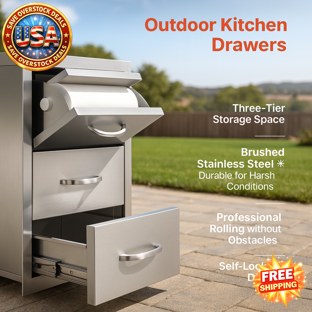 Outdoor Kitchen Drawers with Paper Towel Holder, Stainless Steel