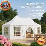 White outdoor gazebo with patio furniture under a clear blue sky, featuring text about construction quality and free shipping.