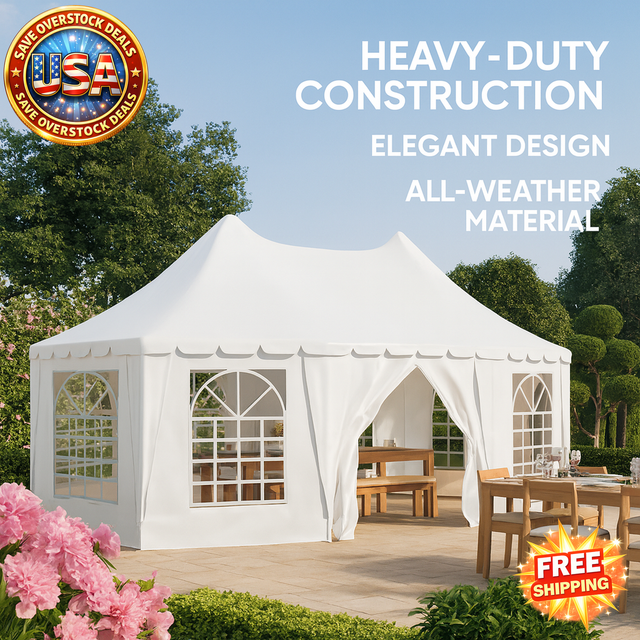 White outdoor gazebo with patio furniture under a clear blue sky, featuring text about construction quality and free shipping.