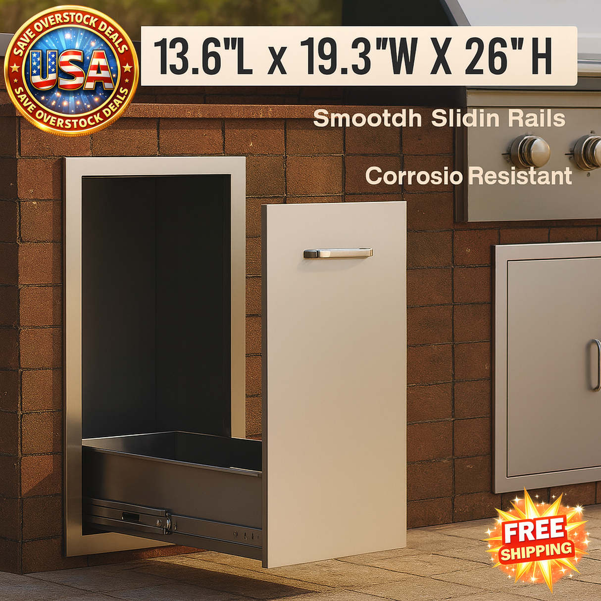 Outdoor grill cabinet with dimensions and features displayed on a brick wall background.