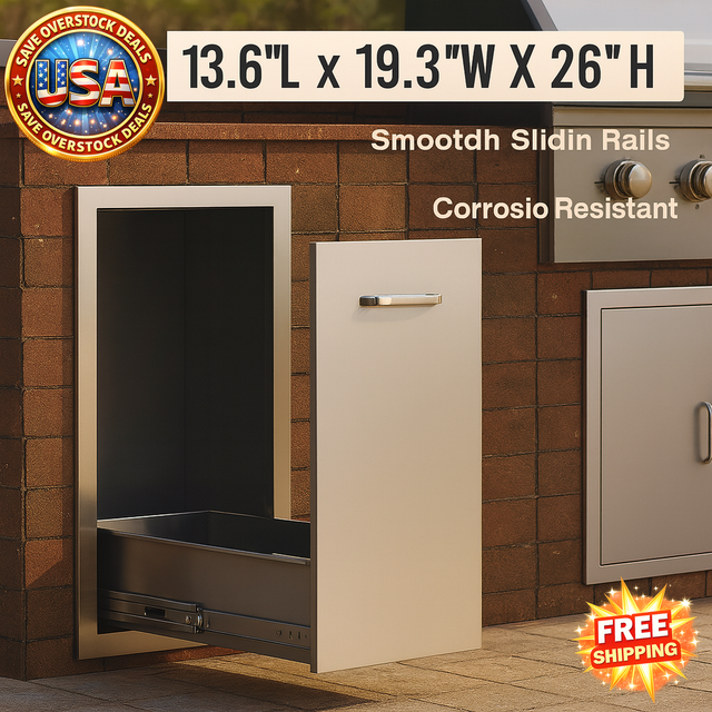 Outdoor grill cabinet with dimensions and features displayed on a brick wall background.
