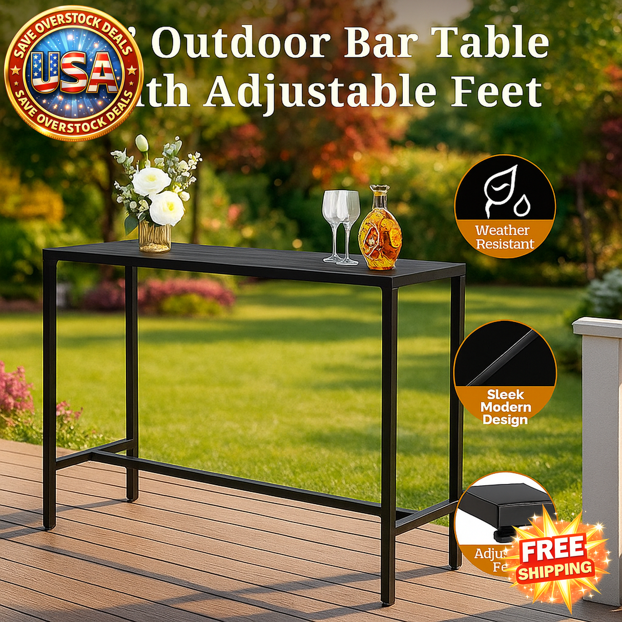 55" Outdoor Bar Table with Adjustable Feet for Patio