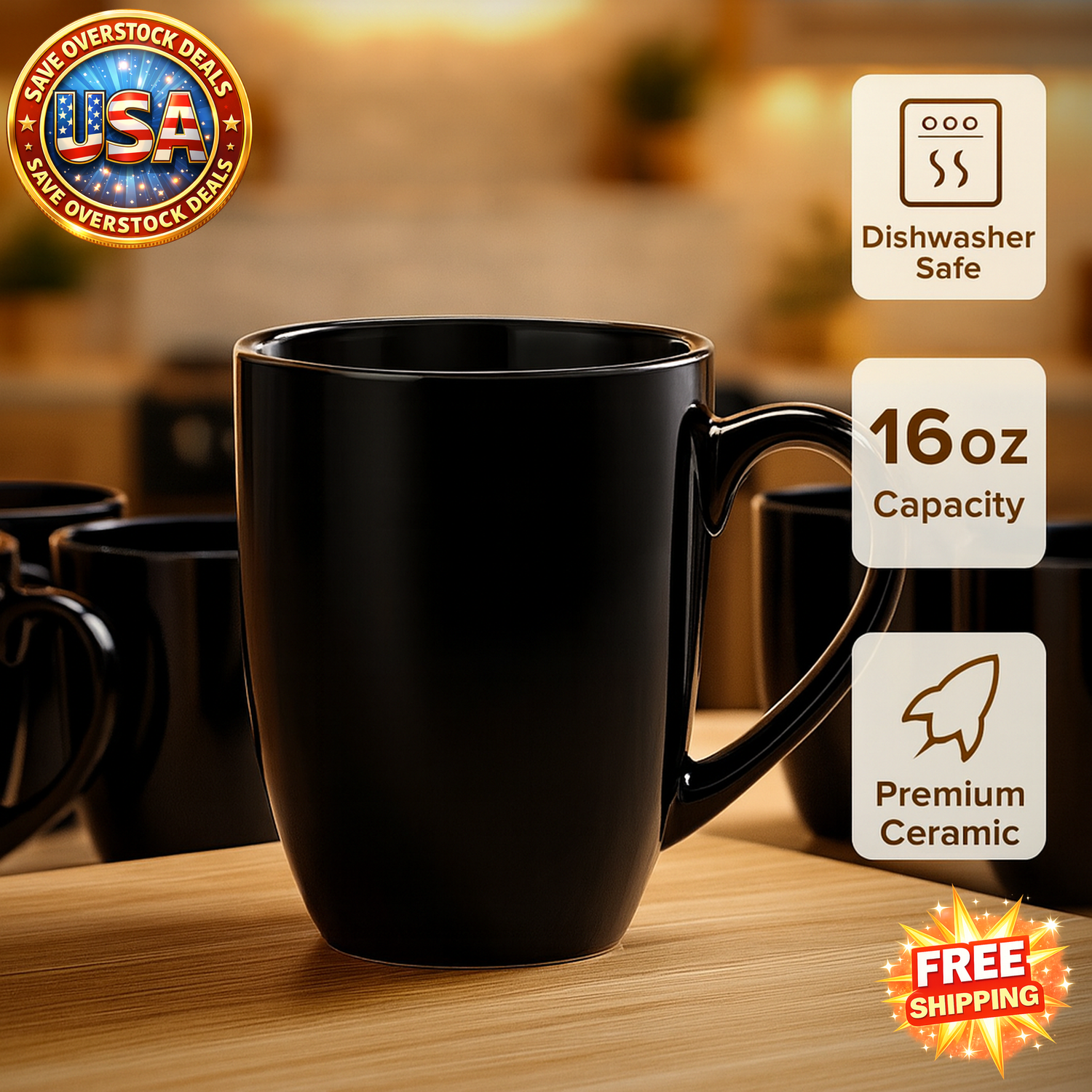 Large 16 oz Ceramic Coffee Mugs Set of 6 - Black
