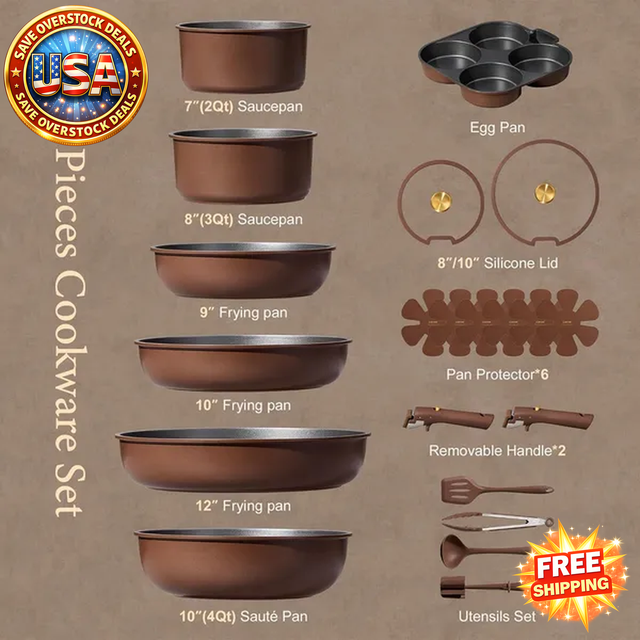 21pcs Nonstick Cookware Set with Detachable Handle