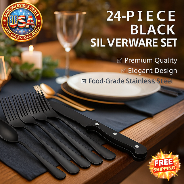 24-Piece Black Silverware Set with Steak Knives for 4