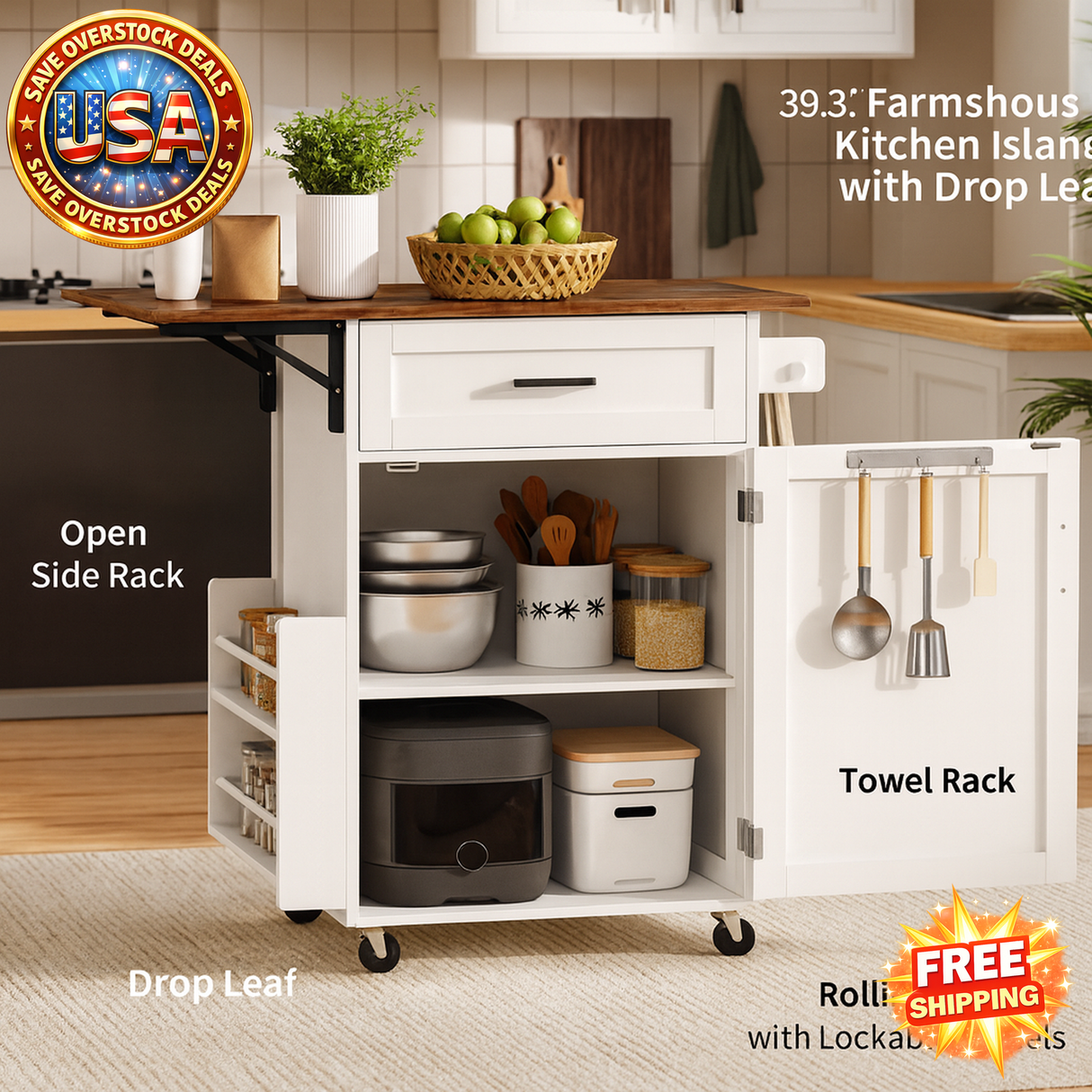 Farmhouse Kitchen Island with Drop Leaf and Storage Rack