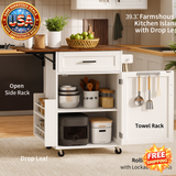 Farmhouse Kitchen Island with Drop Leaf and Storage Rack