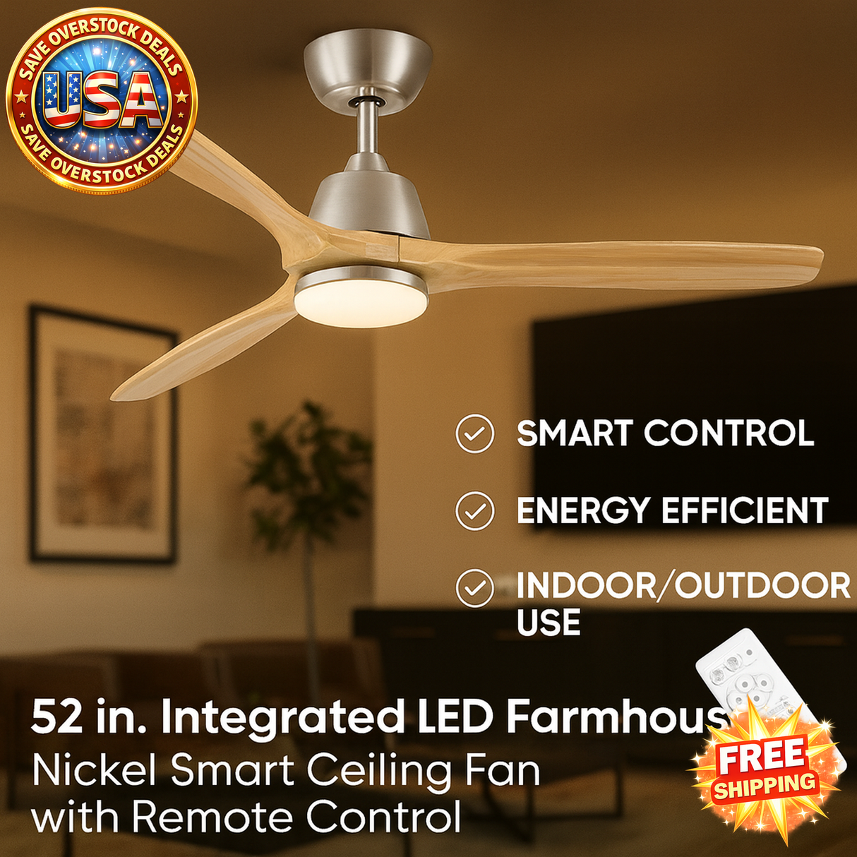 52" LED Farmhouse Smart Ceiling Fan with Remote Control