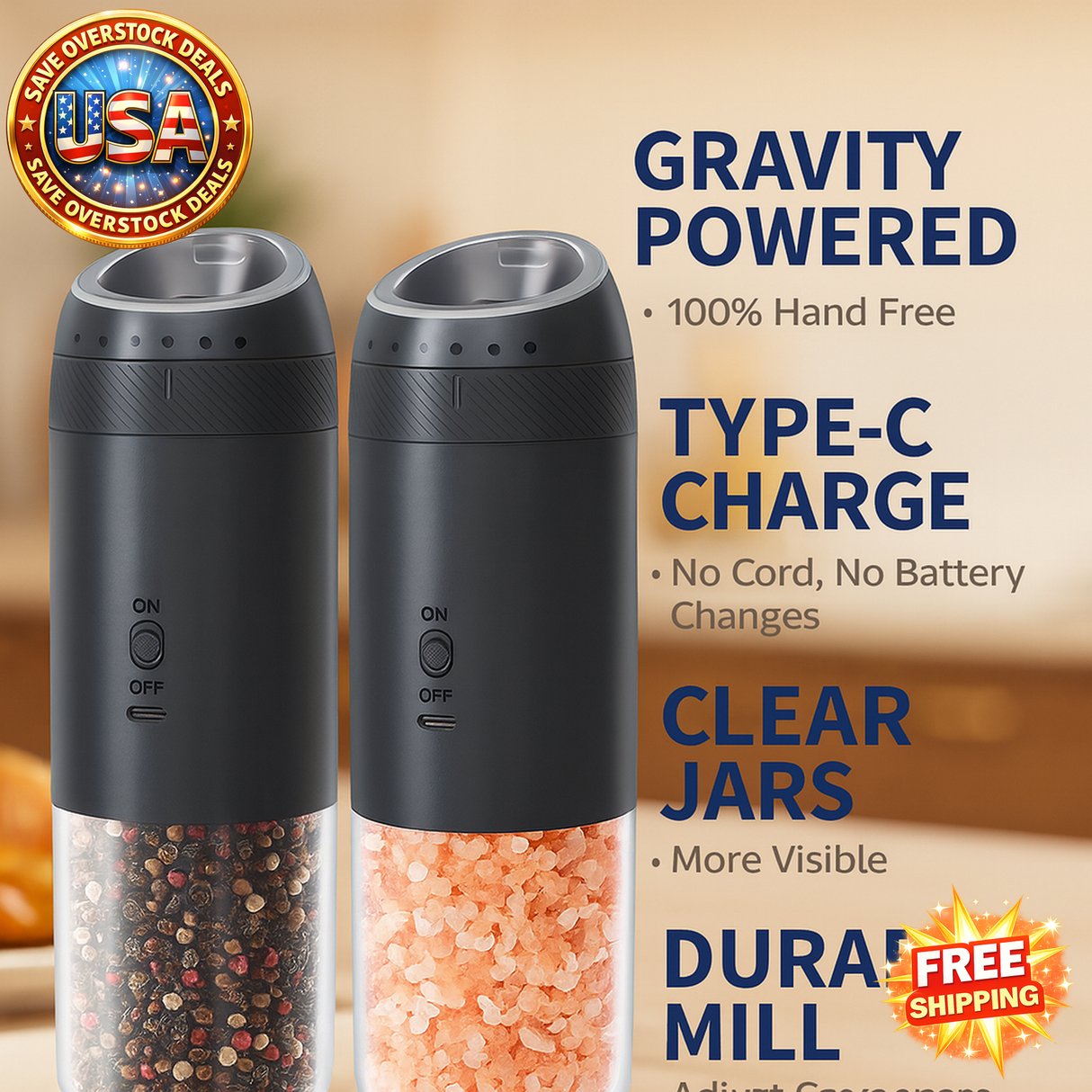 Rechargeable Electric Salt and Pepper Grinder Set with LED