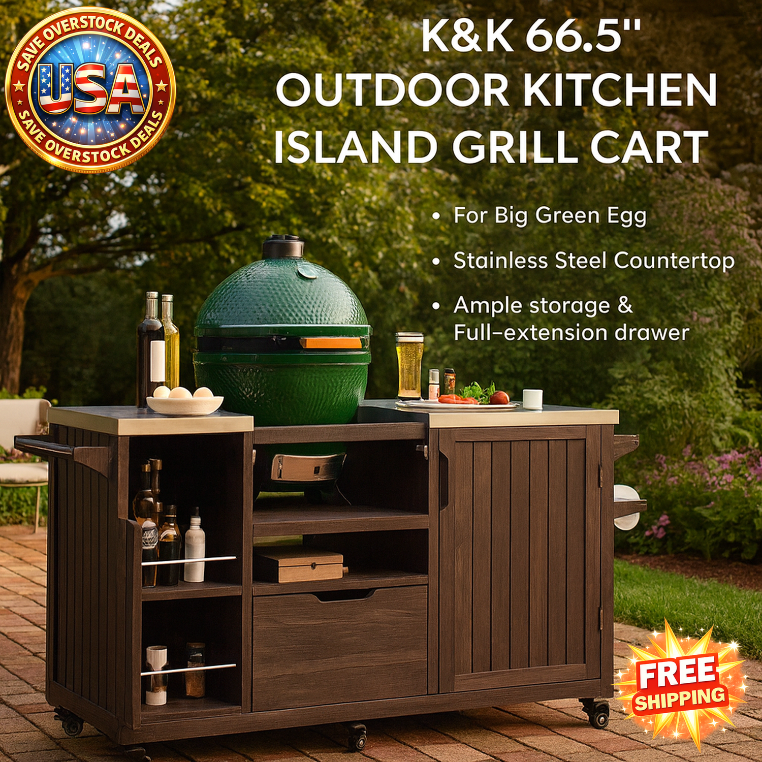 K&K 66.5" Outdoor Kitchen Island for Big Green Egg Grills