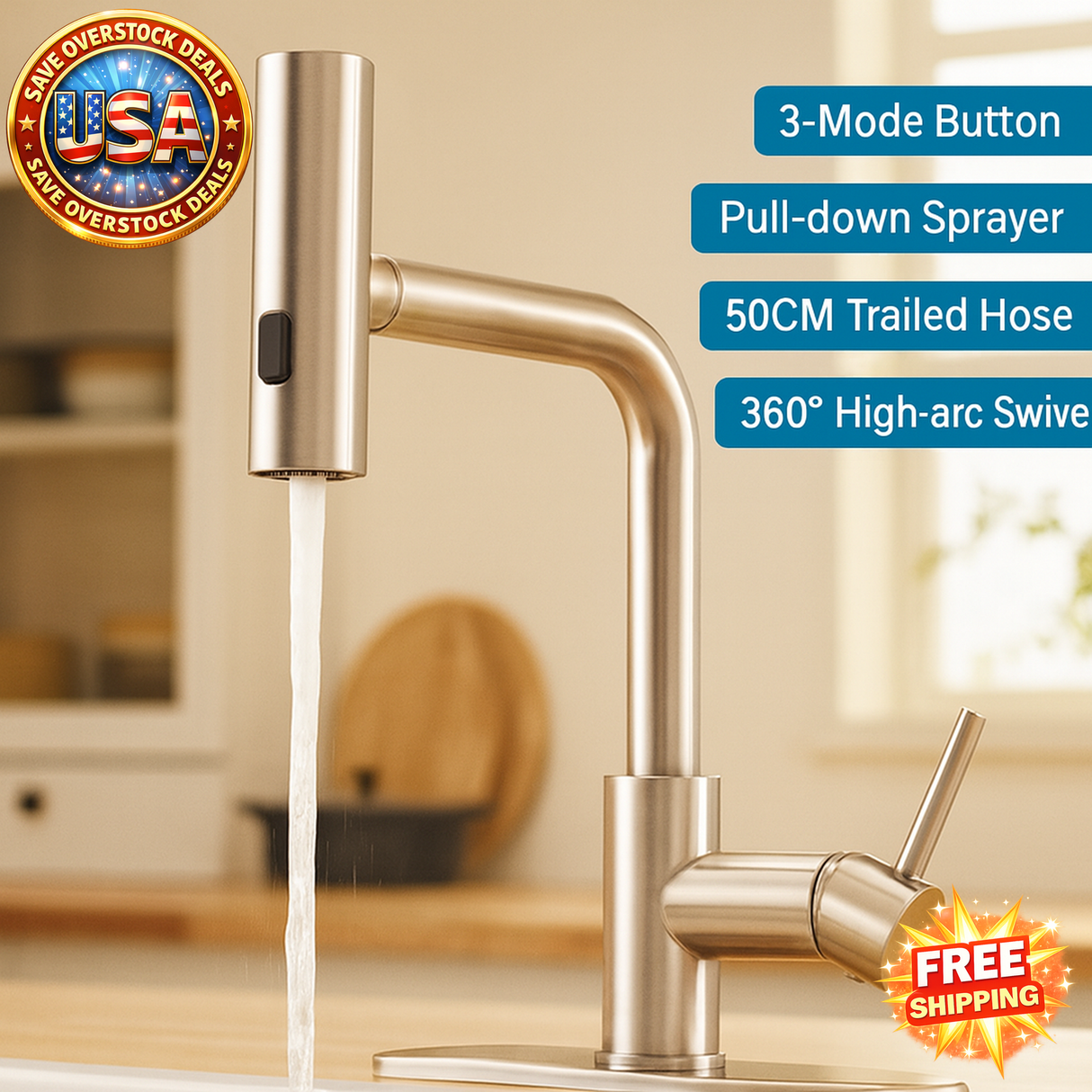 Brushed Stainless Steel Kitchen Faucet with Pull Down Sprayer