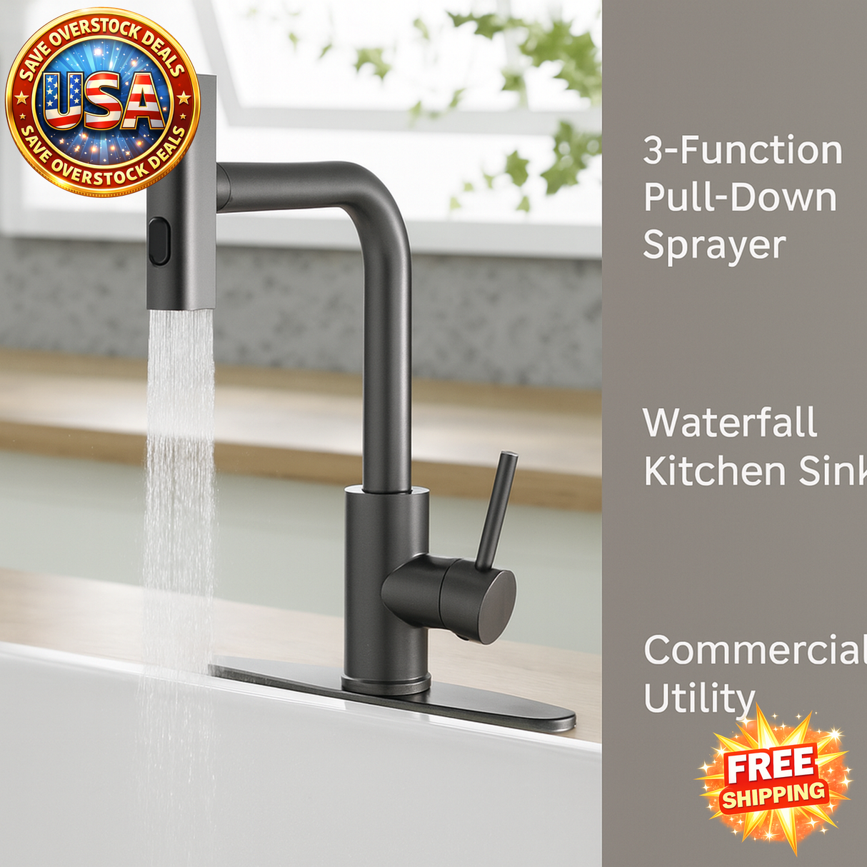 Pull Down Sprayer Kitchen Faucet, Stainless Steel, Grey