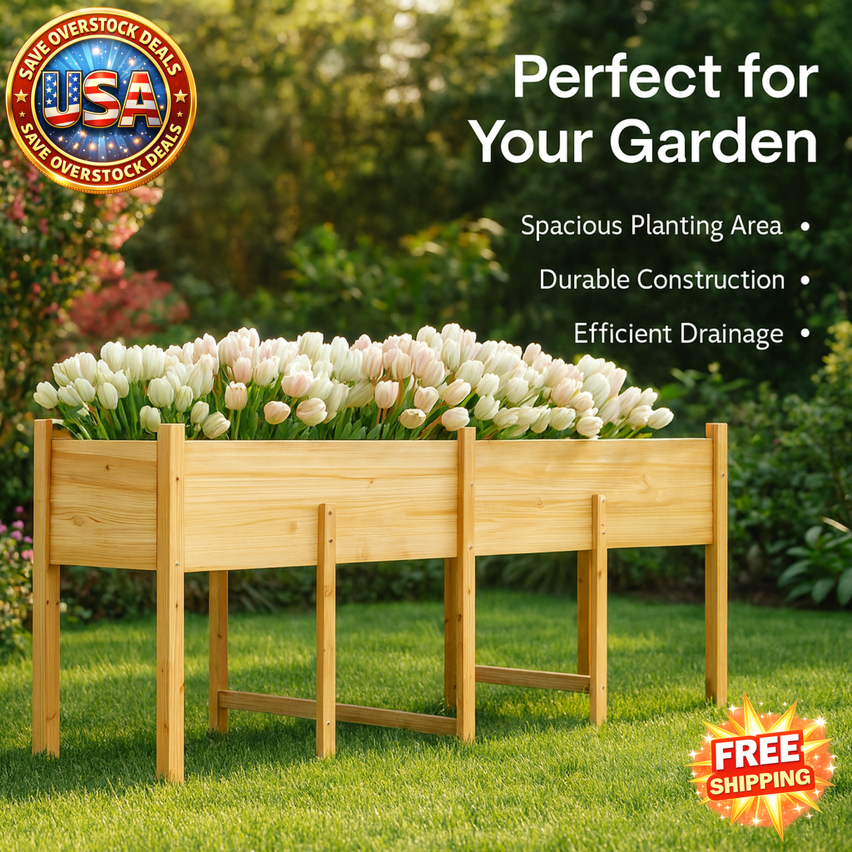 Large Wooden Raised Garden Bed with Legs and Drain Holes