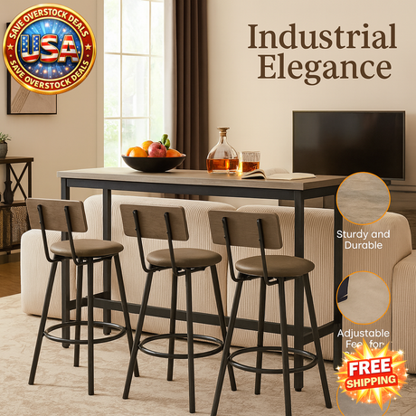Long Bar Table Set with 3 Stools, Industrial Design