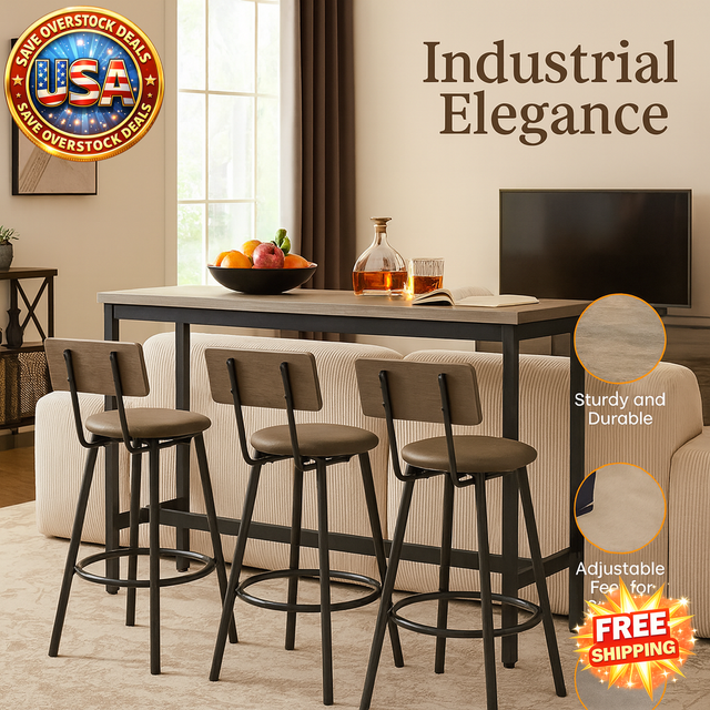 Long Bar Table Set with 3 Stools, Industrial Design