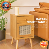 Mid-Century Modern Nightstand with Rattan Drawer