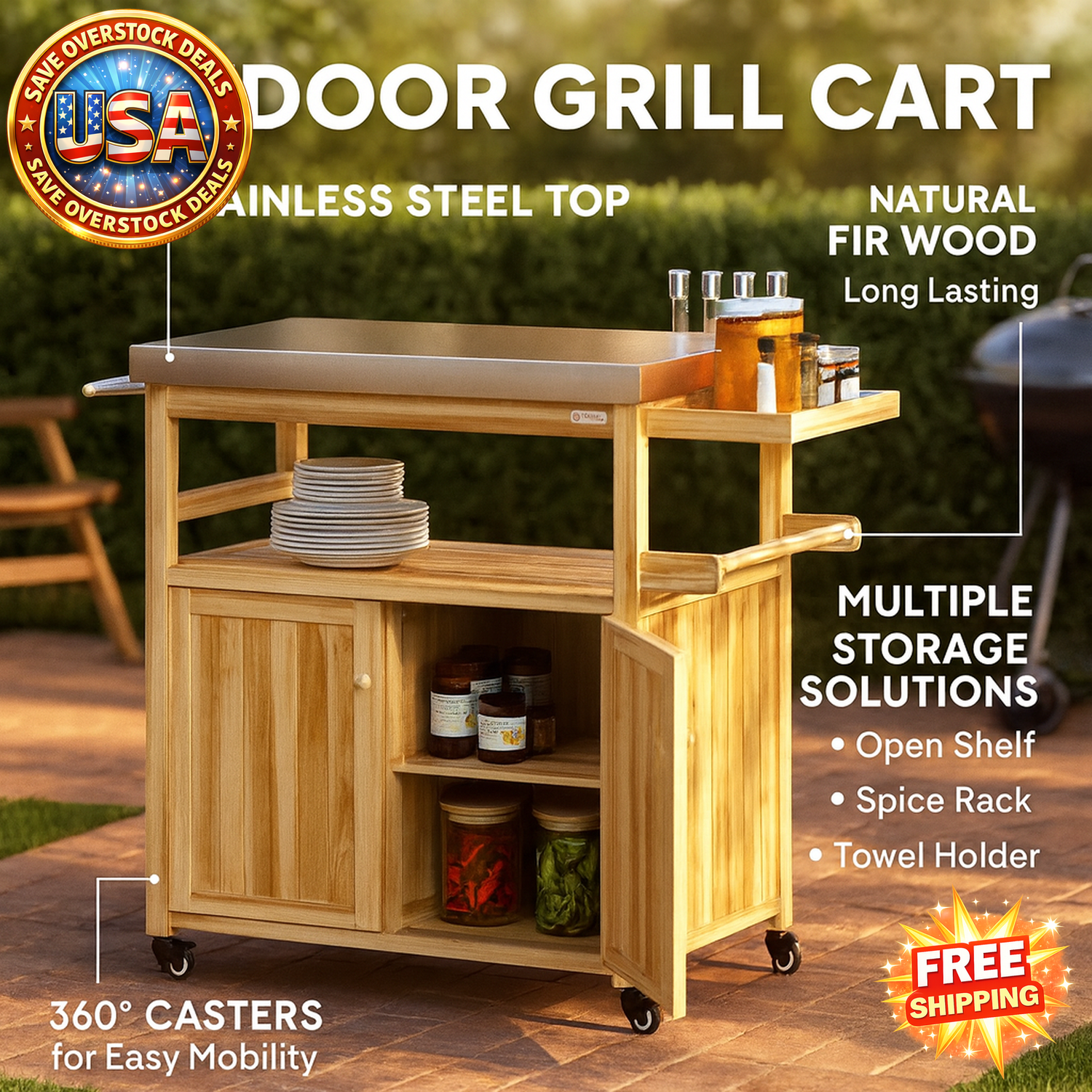Outdoor Grill Cart with Stainless Steel Top and Storage