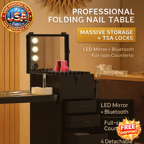 Portable Nail Art Table with LED Mirror & Bluetooth