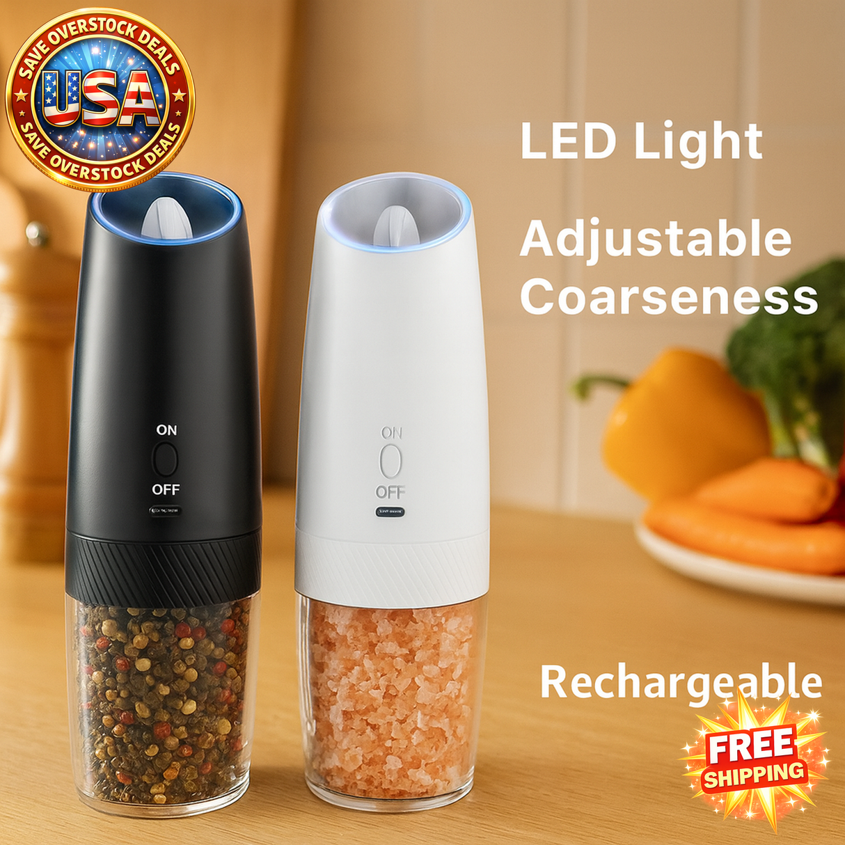 Rechargeable Electric Salt and Pepper Grinder Set with LED
