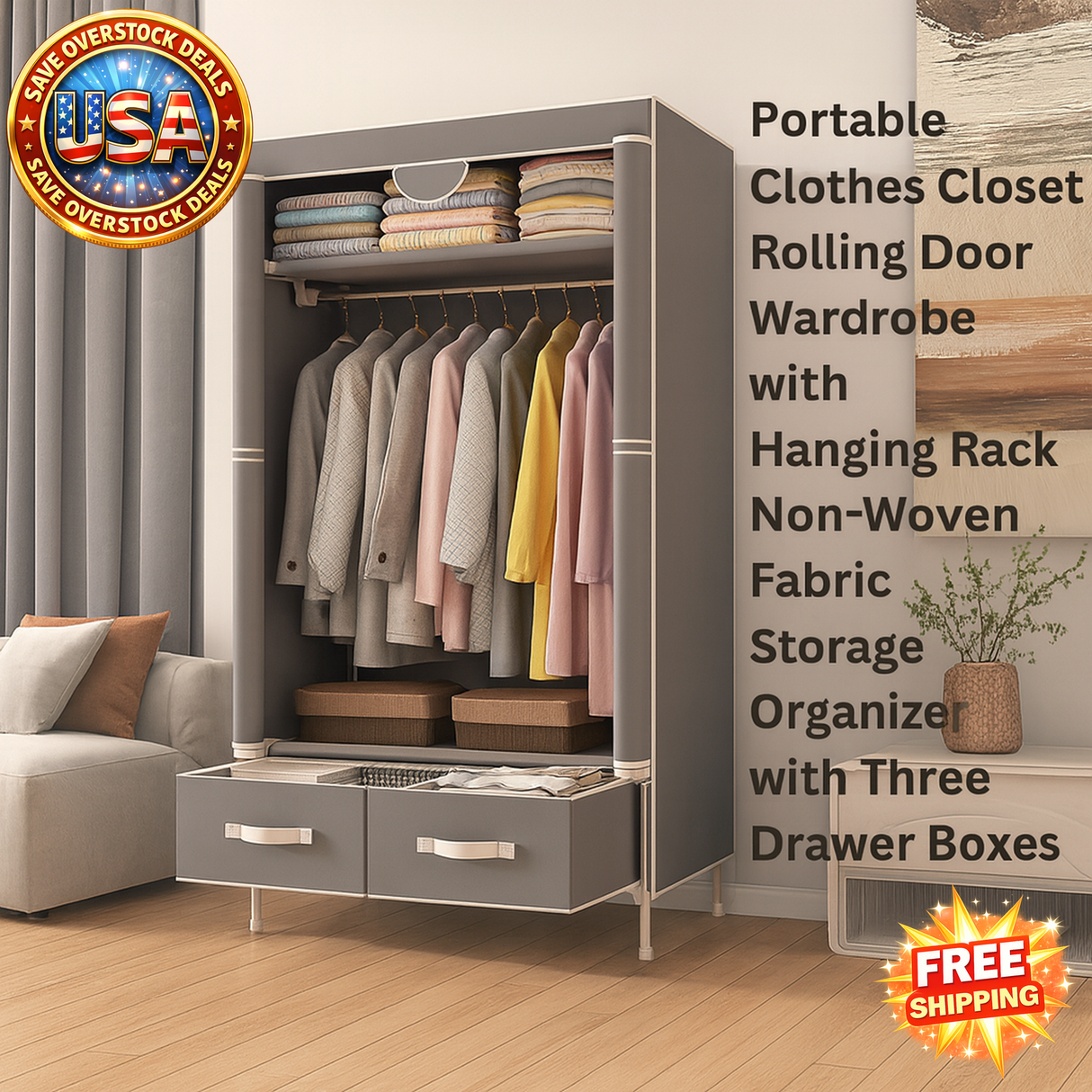 Portable Clothes Closet with Rolling Door and Drawers